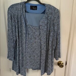 Alex Evenings Silver & Blue Pant Suit, Jacket,Top & Flowy Wide Leg Pants